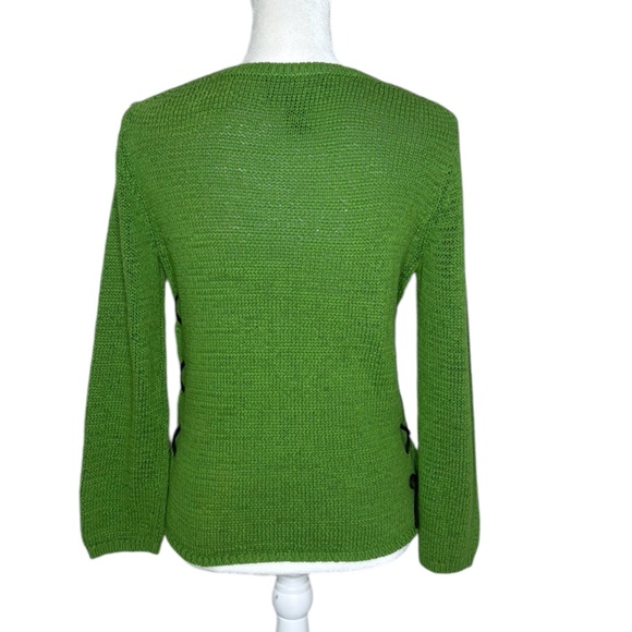 Finity Studio Green Acrylic Cotton V-neck Long Sleeve Leather Laced Sides Sz M - Picture 2 of 11